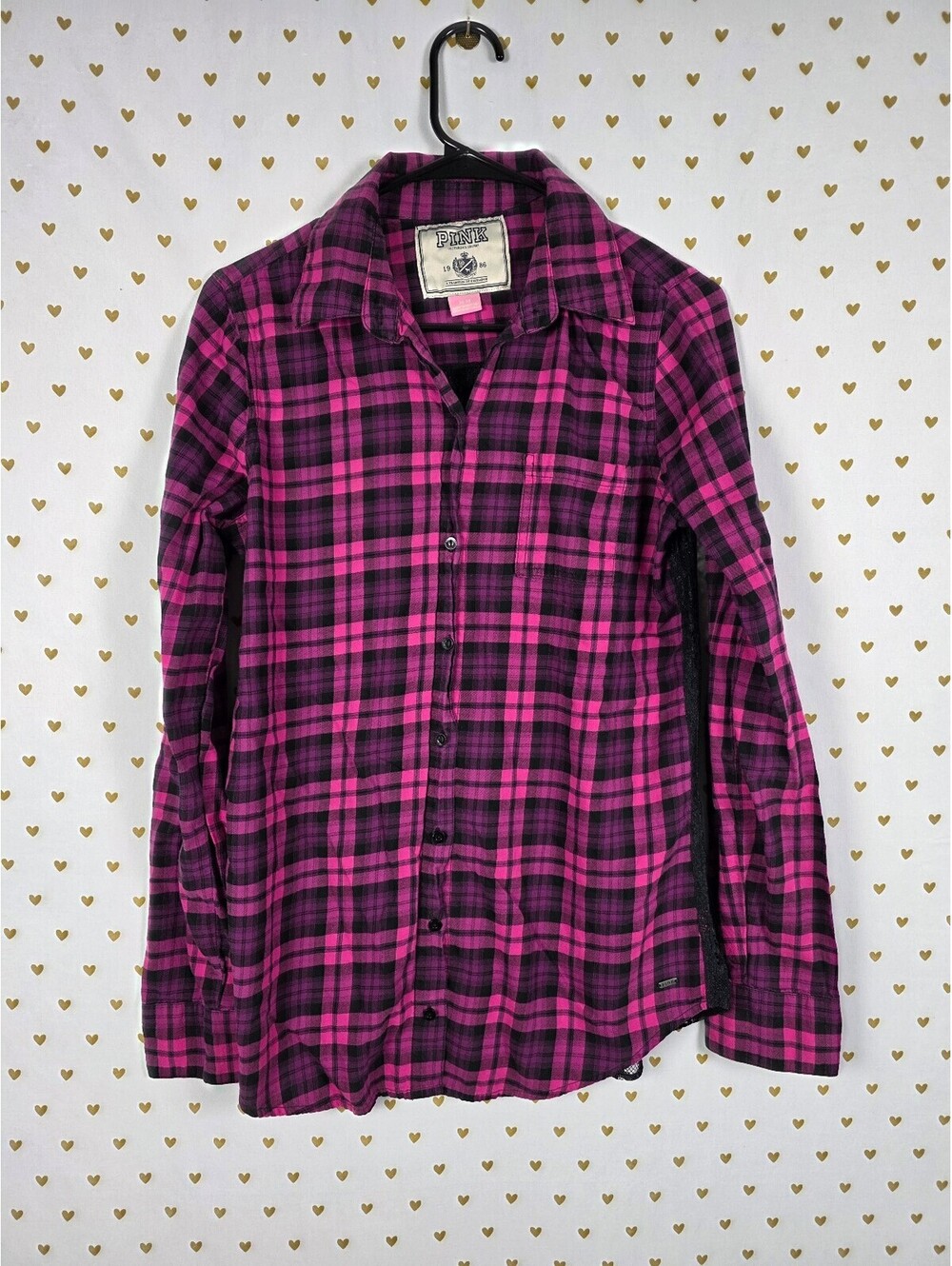 Victoria's Secret PINK Plaid Lace Back Button Down Shirt M Pink Black